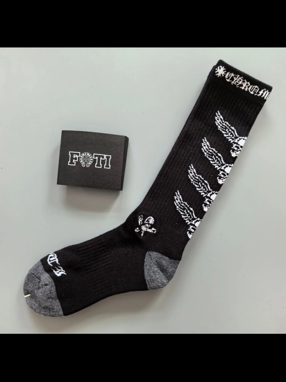 FOTI BY Chrome Hearts Black Crew Socks with White Winged Skull Pattern